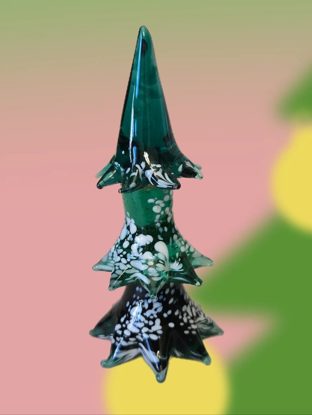 Hand Blow 5 Inch Glass Christmas Tree Deep Green With White Speckles Table Top